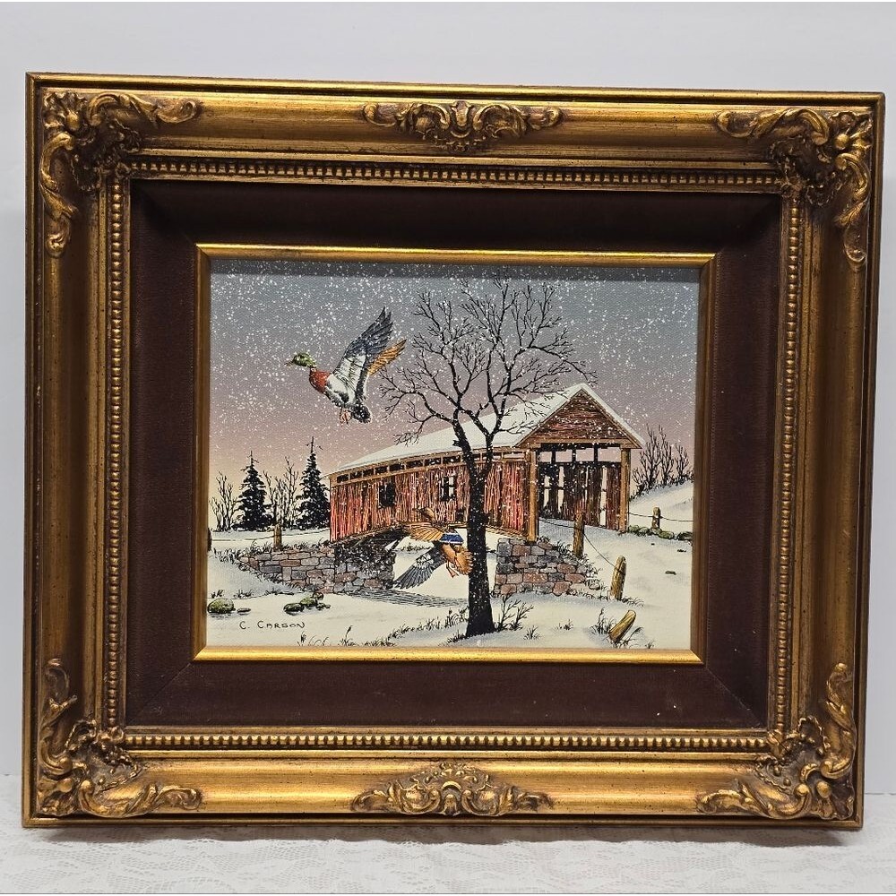 C. Carson Serigraph Vintage Oil Painting Flying Ducks And Covered Bridge Signed